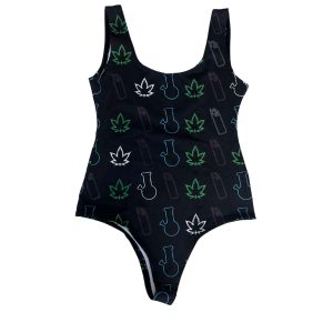 Body Negro Cannábico para Mujer – Estampado Íconos Cannabis